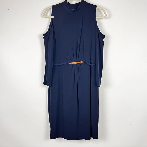 Jessica Simpson Navy Cold Shoulder Sheath Dress Fitted Goldtone Hardware 12 - Picture 1 of 4